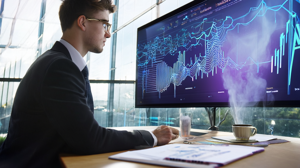 An entrepreneur in a modern office using AI technology for customer acquisition analysis
