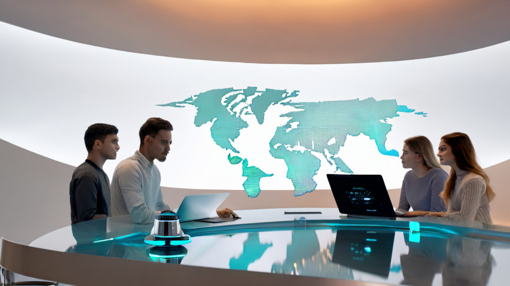 AI technology empowering precise B2B customer outreach: A team in a smart conference room is utilizing the latest Stability AI model for efficient marketing strategies.