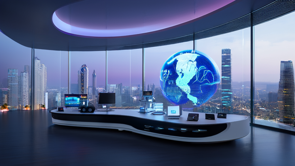 A futuristic office showcasing the application of AI technology in cross-border email marketing