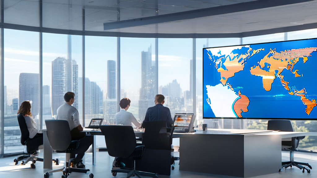 Employees in a modern office using AI technology for efficient customer acquisition and global expansion