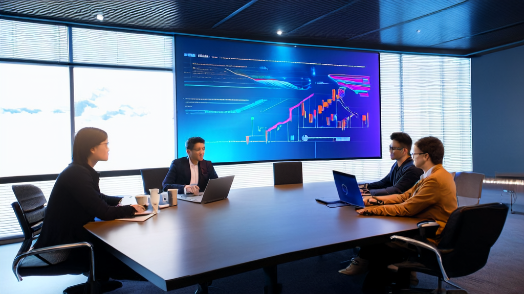 一群营销人员在办公室讨论AI技术，屏幕上显示数据分析图表和个性化邮件模板