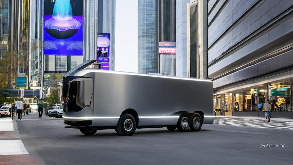 Unmanned delivery van and AI technology applications in a futuristic cityscape