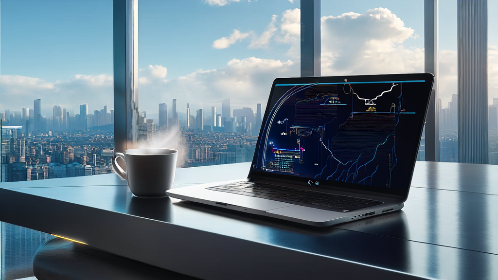 未来城市办公室中的年轻创业者使用AI技术进行跨境电商邮件营销