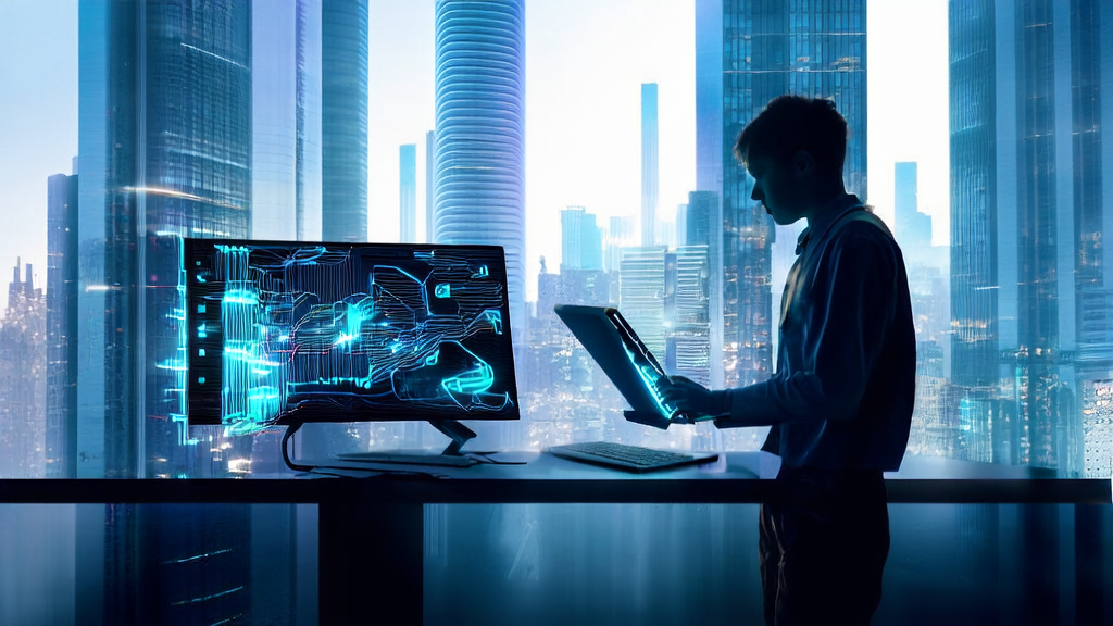 A programmer in a futuristic city using AI technology to process customer data, showcasing new trends in advertising and marketing
