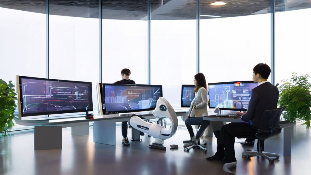 The application prospects of AI technology in B2B marketing, showcasing a modern office where a team uses AI tools for data analysis and customer acquisition