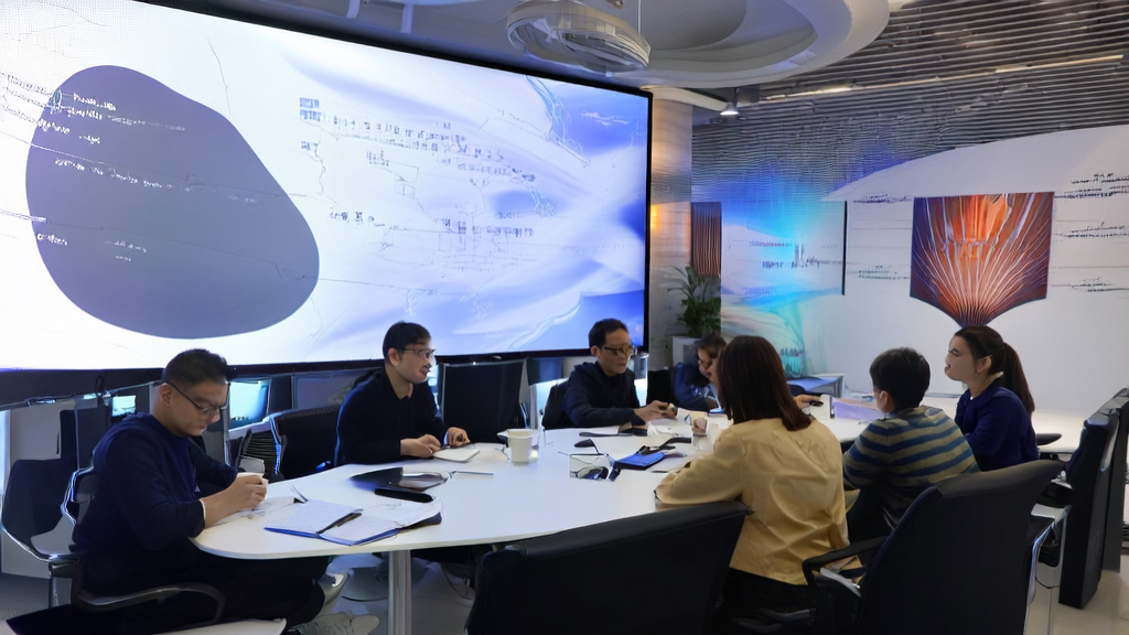 AI技术在B2B市场营销中的应用示例：年轻市场专员讨论由即梦图片4.0生成的视觉内容