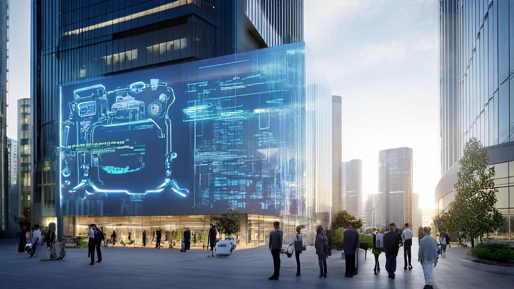 Business executives discussing AI technology for improving customer acquisition in a futuristic cityscape