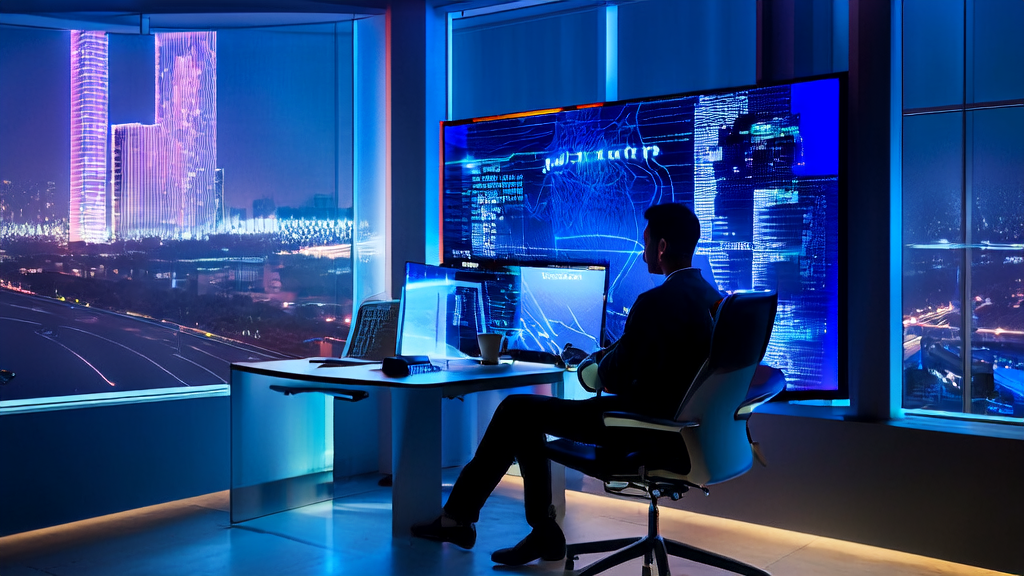 工程师在夜晚的办公室中研究SpikingBrain模型，探索AI技术在跨境电商中的应用。