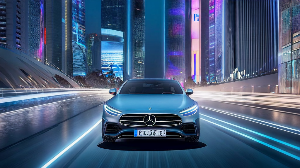 搭载AI豆包大模型的奔驰电动CLA在智能城市中行驶，展示AI技术在跨境电商中的应用