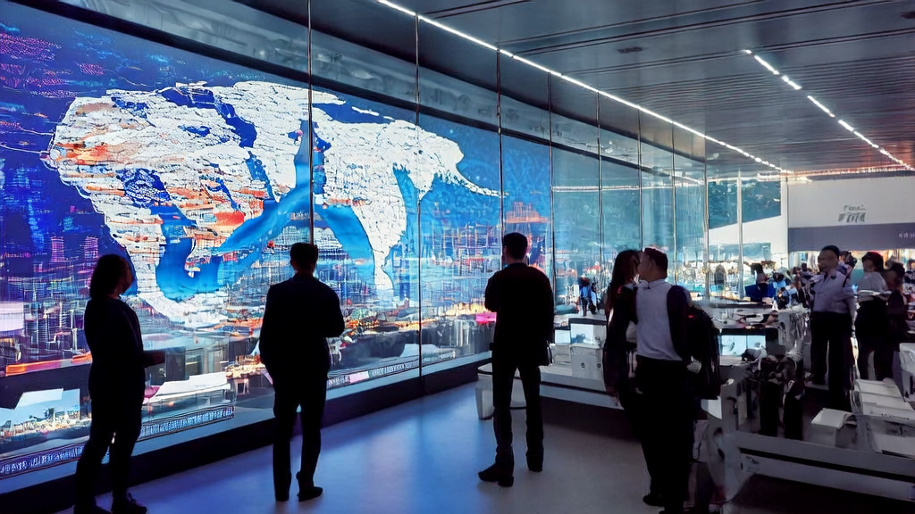 A cross-border e-commerce company in a futuristic city utilizing AI technology for global market coverage and efficient logistics