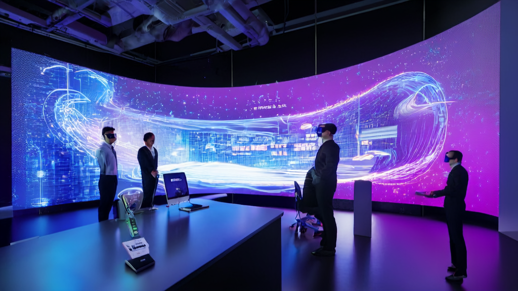 Tech professionals in a futuristic office using AI customer prediction models and the Hailuo2.3 model for cross-border e-commerce data analysis and product demo video creation