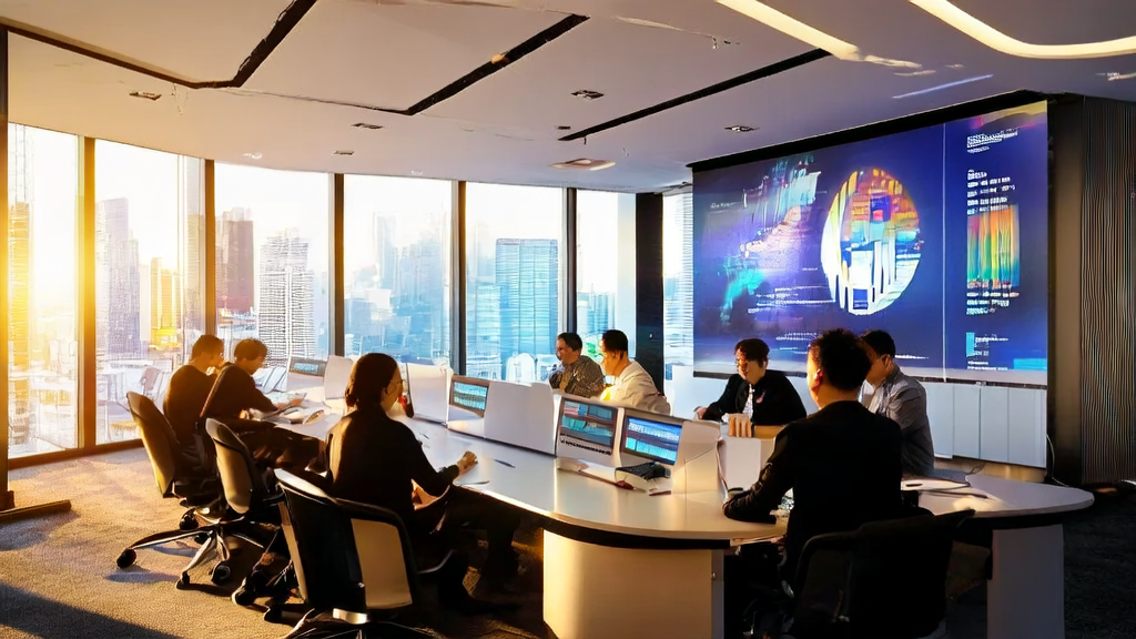 阳光照耀下的跨境电商公司办公室，员工们正使用AI技术进行邮件营销和客户行为分析。
