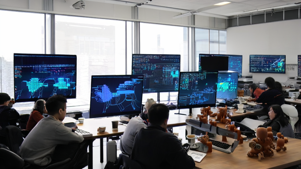 A modern office bathed in sunlight, where programmers are intently working on AI technology development, with clay-made AI robot models on the desks.