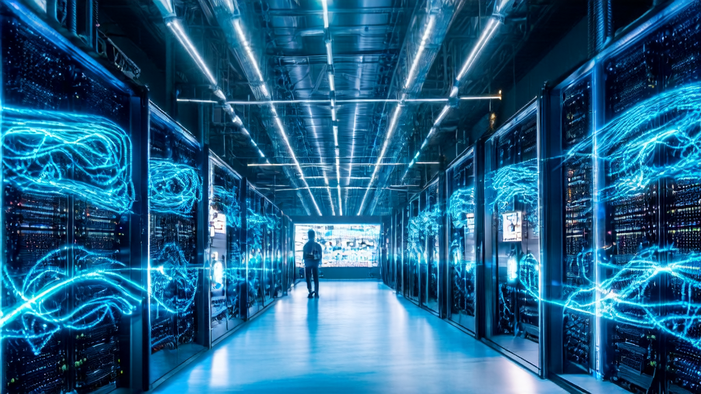 Scene of a modern data center and Amazon's logistics warehouse using AI technology for customer data processing