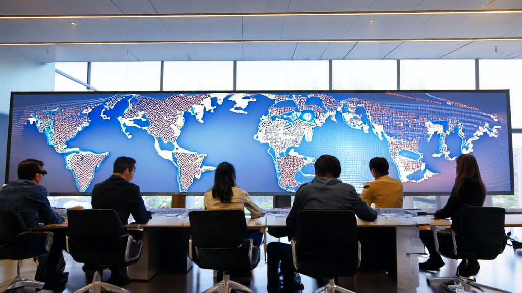 外贸企业员工围坐观看快手Keye-VL-671B-A37B多模态模型演示，阳光照耀下的现代化办公环境