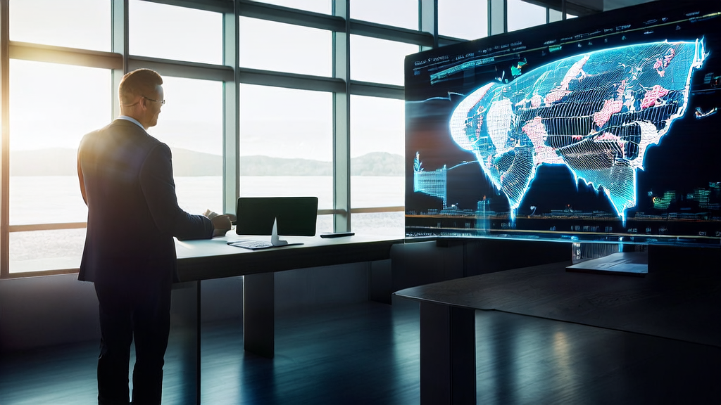 商人使用AI智能获客系统分析全球市场数据，背景墙上的艺术图片展示了腾讯混元图像3.0的成功案例。