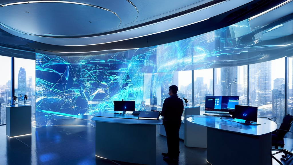 A high-tech office in a futuristic city where staff use AI customer prediction models and email marketing data analysis