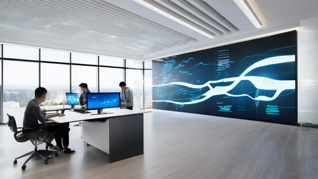 Modern office environment where employees use AI technology for customer data collection and email marketing strategy optimization
