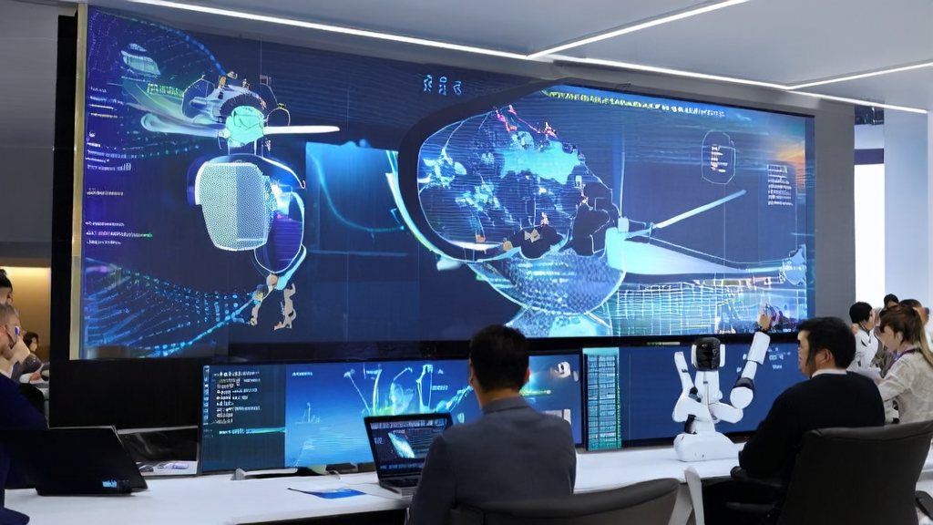 Modern office environment where employees use AI technology for global customer data collection and email marketing