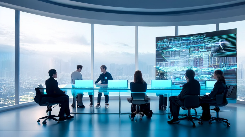 年轻创业者们在充满科技感的办公室中讨论AI获客策略，背景是城市天际线