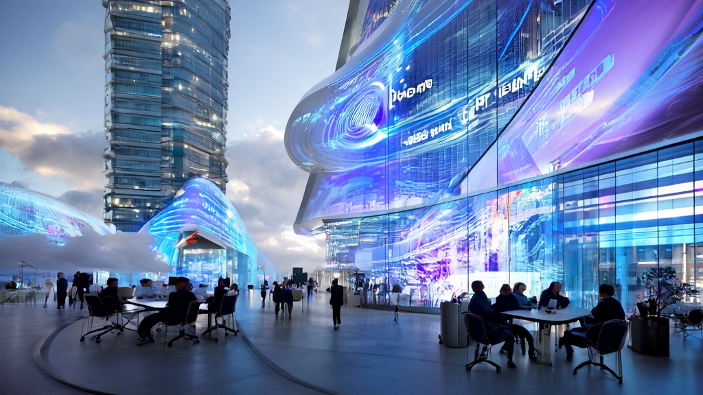 未来城市中的科技工作者正在讨论2025年跨境电商的精准获客策略，背景是智能机器人和现代化办公楼。