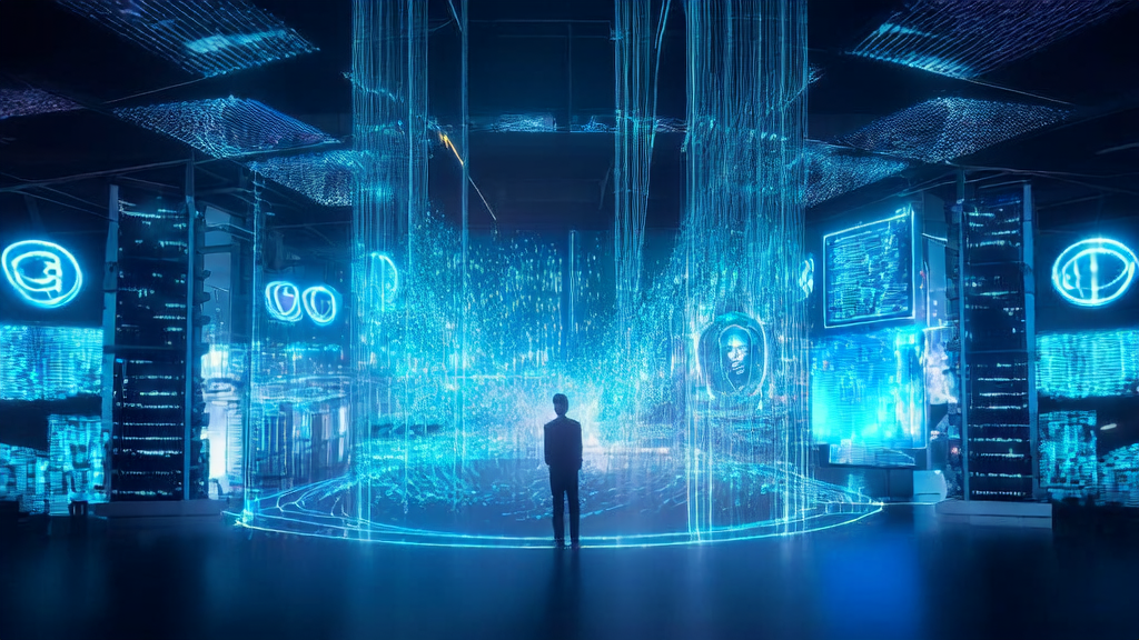 AI data center in a futuristic city, showcasing AI client acquisition technology and real-time communication