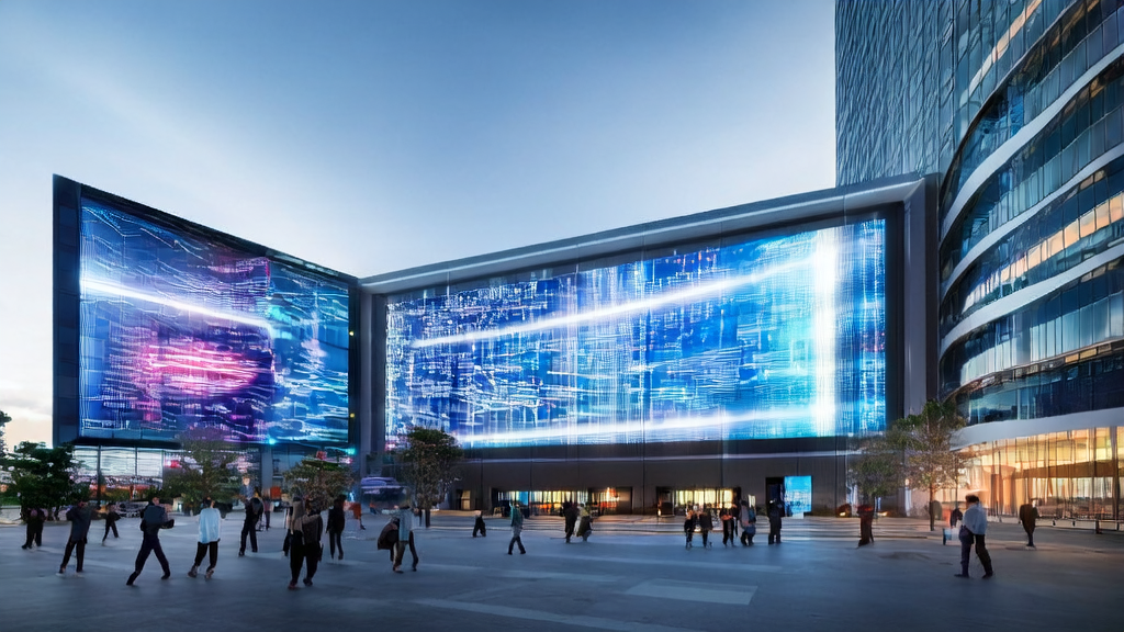 未来城市的科技公司利用AI技术革新获客渠道，展示生动的AI生成广告和数据分析工作场景