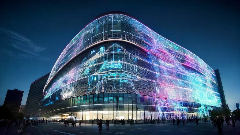 A high-tech skyscraper in a futuristic city showcasing Tencent's Hunyuan 3D world model, symbolizing AI-driven innovations in customer acquisition channels