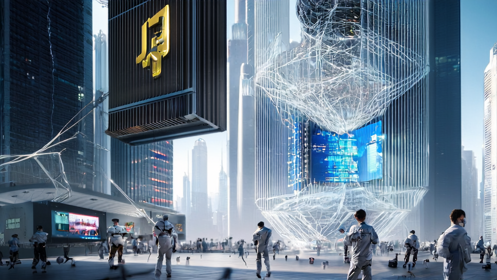 A futuristic city with robots and a data center showcasing AI technology in customer data collection and cleaning