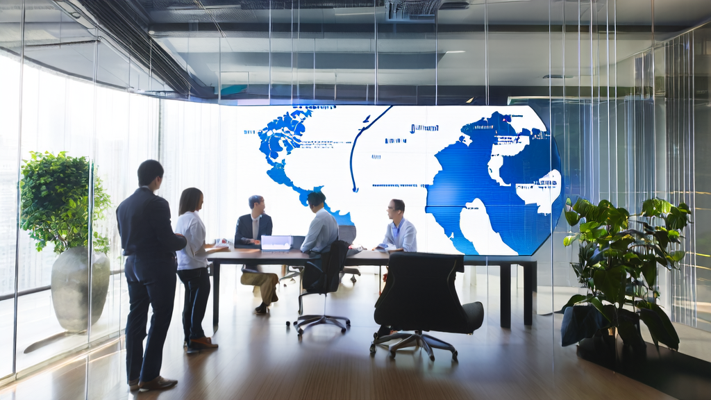 Office workers discussing AI-based high conversion email strategy, with sunlight illuminating the workspace through large windows.