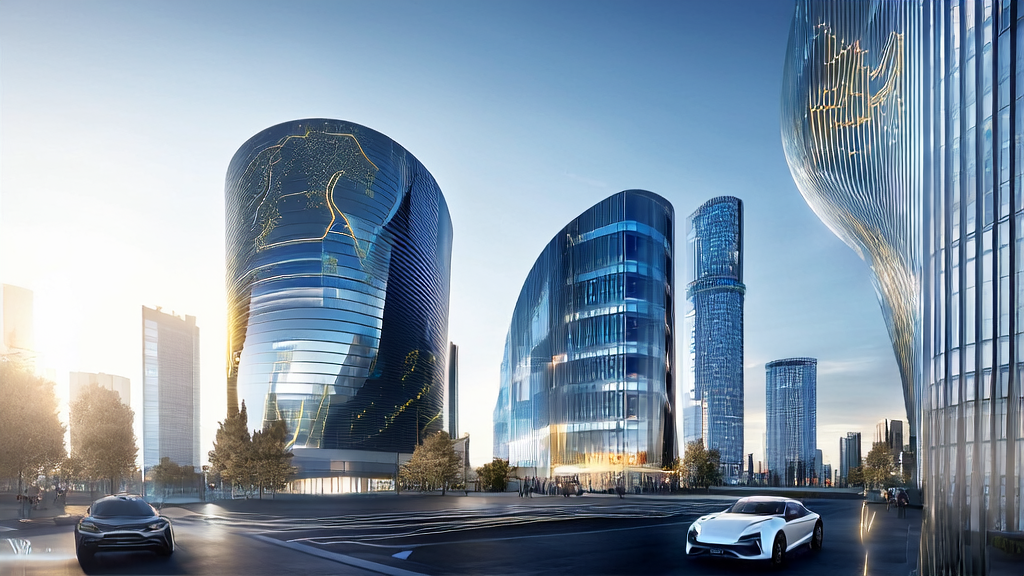 未来城市的办公楼前展示着AI技术在B2B市场获客中的应用，包括自动化邮件营销、智能数据分析等。