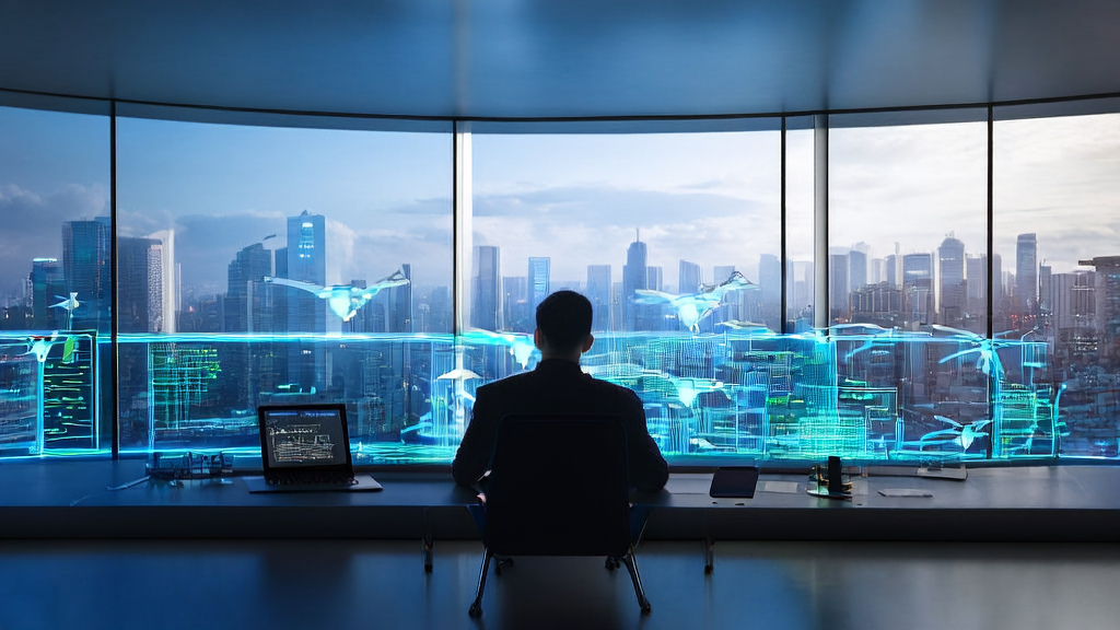 Cross-border e-commerce company leveraging AI technology for efficient customer acquisition and data analysis in a futuristic cityscape