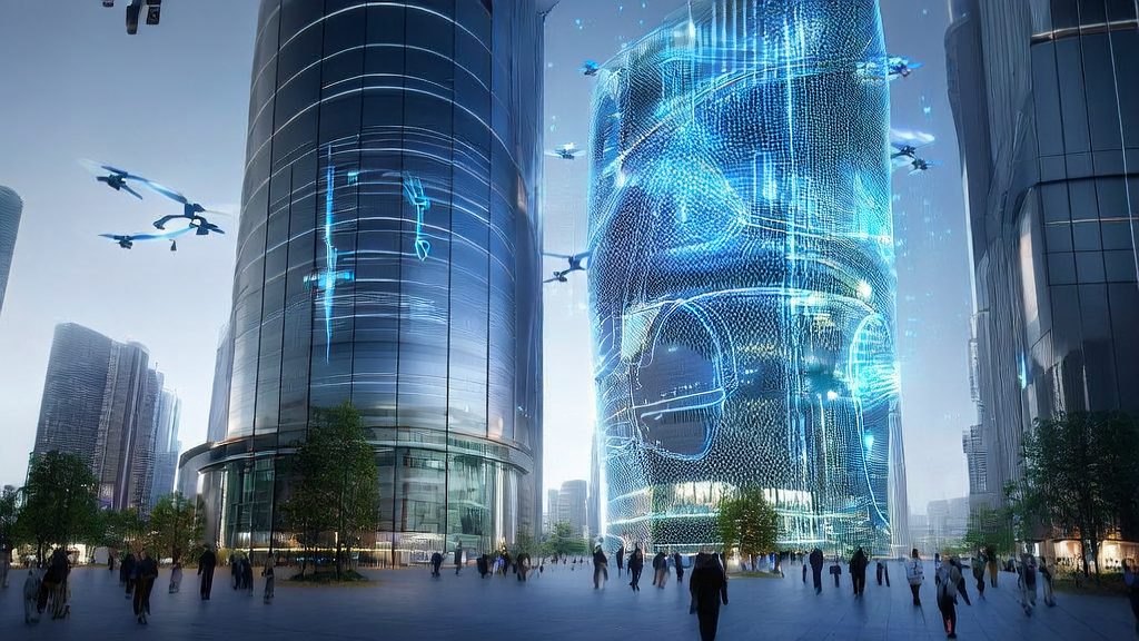 A new chapter of cross-border e-commerce customer acquisition led by AI technology, showcasing the futuristic city's tech vibe and efficient global trade.