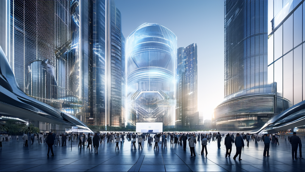 AI technology leading the future of customer acquisition in a futuristic city, showcasing images and videos generated by Jimo AI models