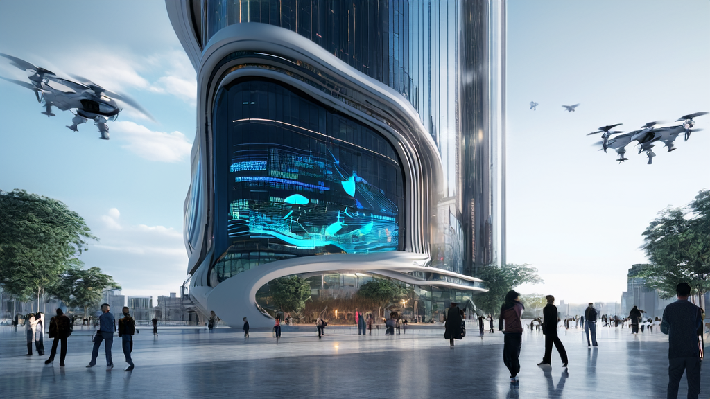 A futuristic city skyline with a high-tech building showcasing the performance comparison between GPT-5 and Grok4, exploring how AI technology is transforming customer acquisition channels.