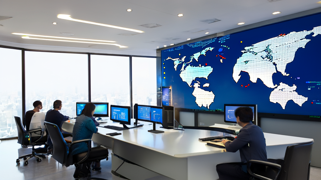 In a modern e-commerce office, employees are discussing AI-driven precise acquisition strategies, with sunlight streaming through large windows, showcasing a vibrant workspace.