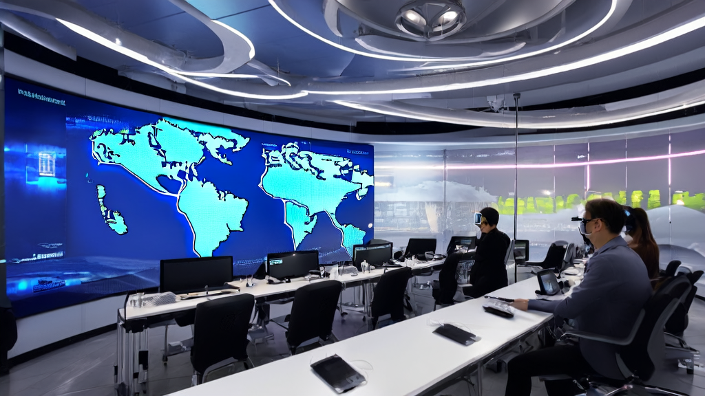 A futuristic cross-border e-commerce office showcasing how AI technology enables efficient customer acquisition through multilingual content generation and customs data analysis