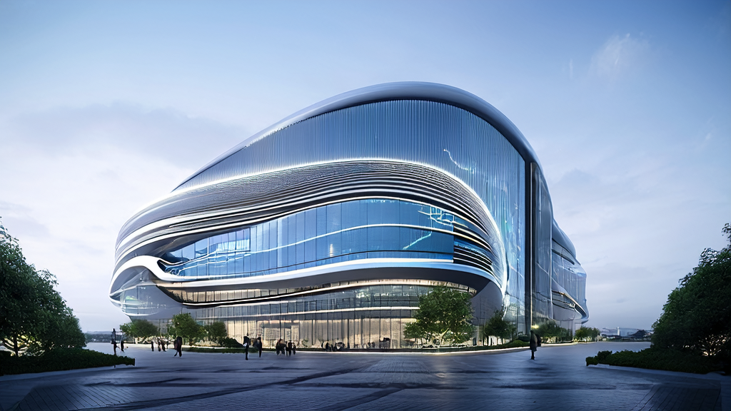 High-tech company building in a futuristic city showcasing the latest video generation results of Alibaba Wan 2.2