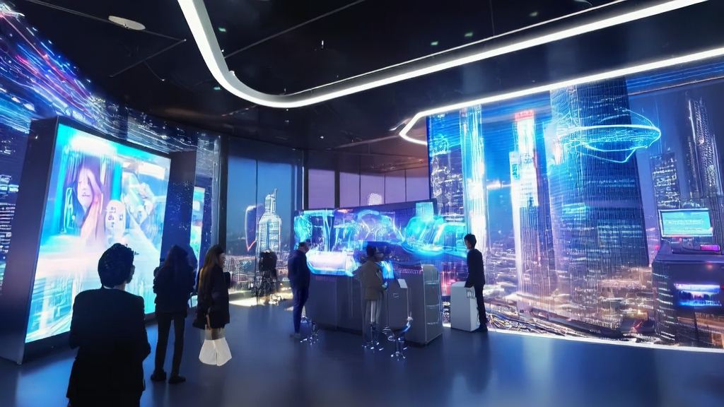 AI技术引领未来的获客场景，展示销售人员使用智能设备与客户进行虚拟对话，并由AI助手提供实时反馈。