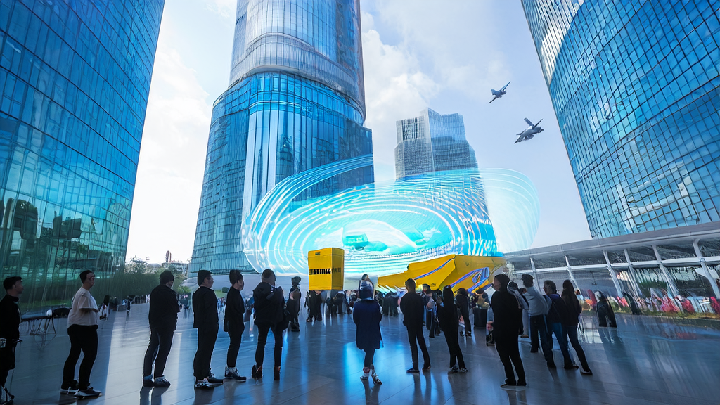 Tech hub in a futuristic city showcasing AI-driven customer acquisition systems and cross-border e-commerce product selection tools