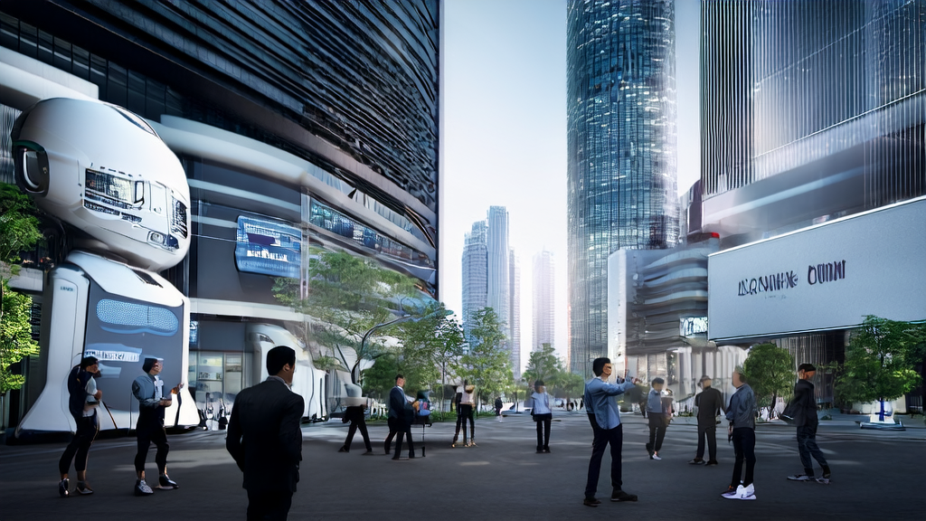 AI技术引领未来：新型获客渠道探索，展示未来城市中科技公司利用AI进行获客策略讨论的场景