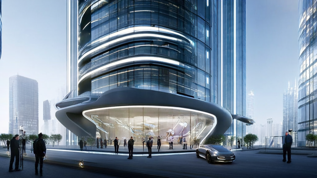 AI technology leading future marketing: A modern office building where intelligent robots and employees work together