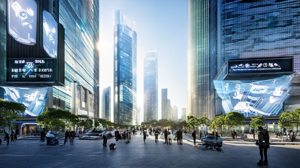 未来城市中的AI营销场景，展示最新发布的“悟界”系列大模型及其应用