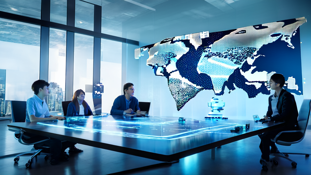 In a modern office, entrepreneurs are utilizing AI technology for global trade marketing, showcasing new trends in international business.
