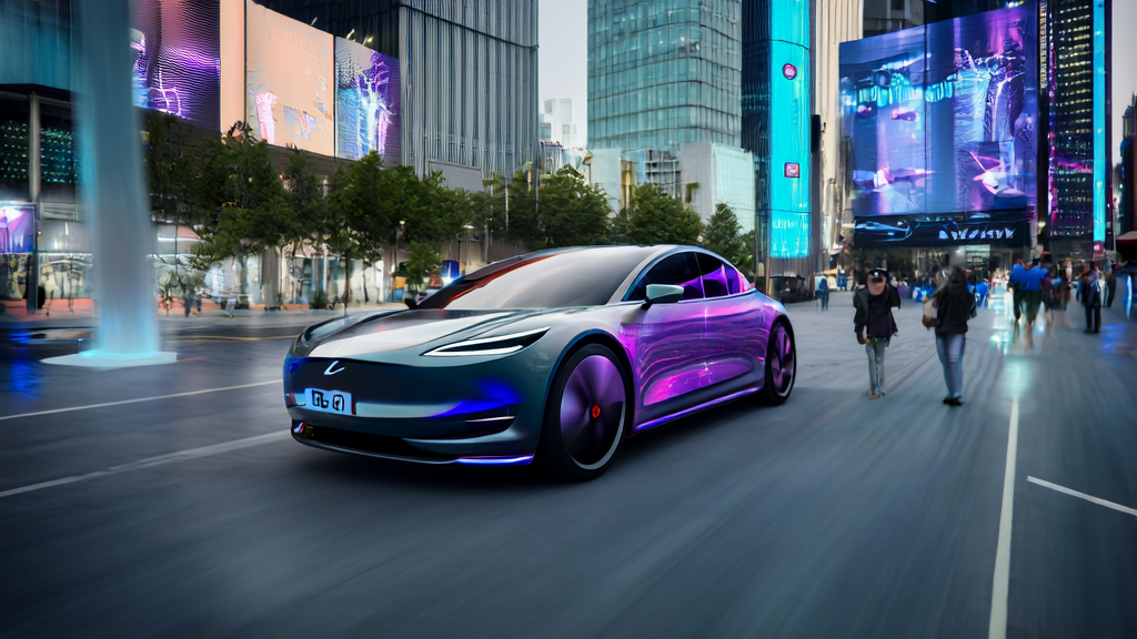 A Tesla Robotaxi equipped with Grok AI system drives through a futuristic city street lined with high-tech billboards, showcasing how AI technology is revolutionizing the marketing field.