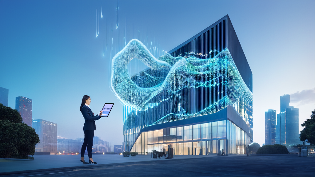 未来城市中的一家科技公司大楼前，职业女性阅读关于AI技术推动获客渠道变革的报告，旁边是展示AI数据分析结果的智能机器人。