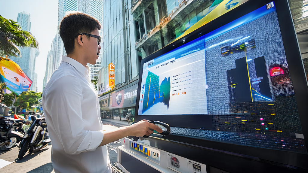 A young entrepreneur analyzing market data using AI tools in a bustling Southeast Asian city street, with multilingual billboards and busy traffic in the background.