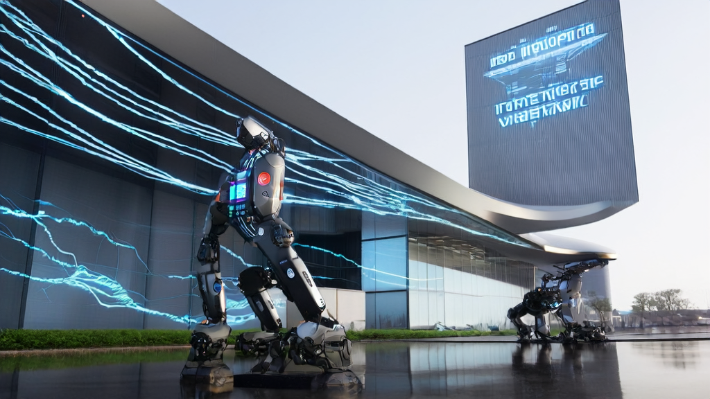 全球首款IP66防护人形机器人DR02展示在现代化科技园区中，体现AI技术引领未来跨境电商的趋势