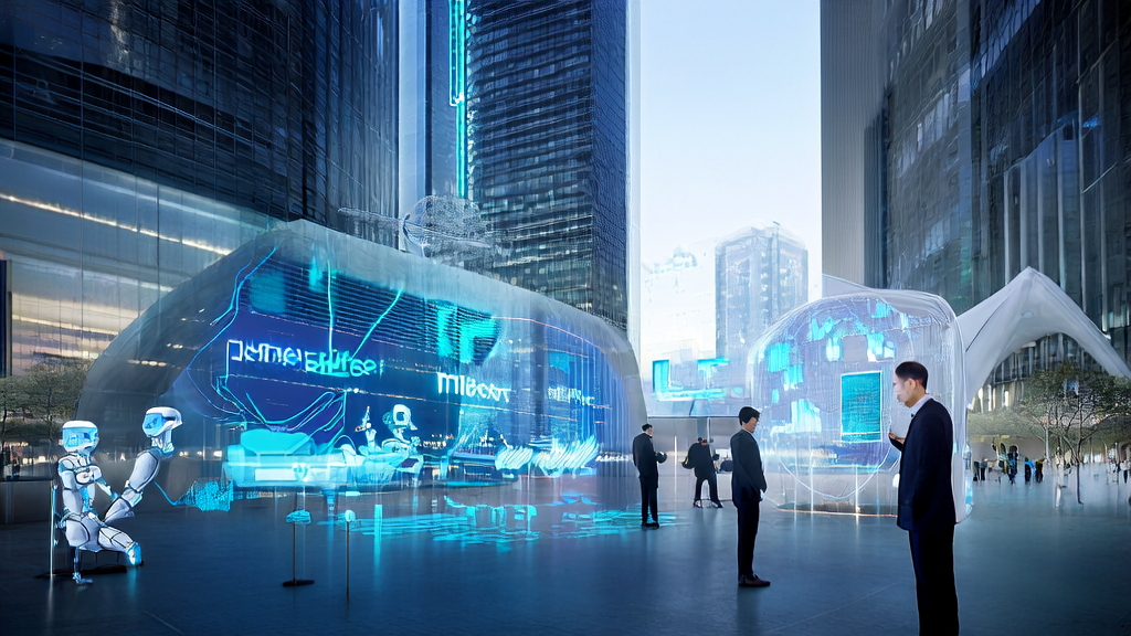 A foreign trade company executive using holographic screens and AI robots for precise customer acquisition in a futuristic city
