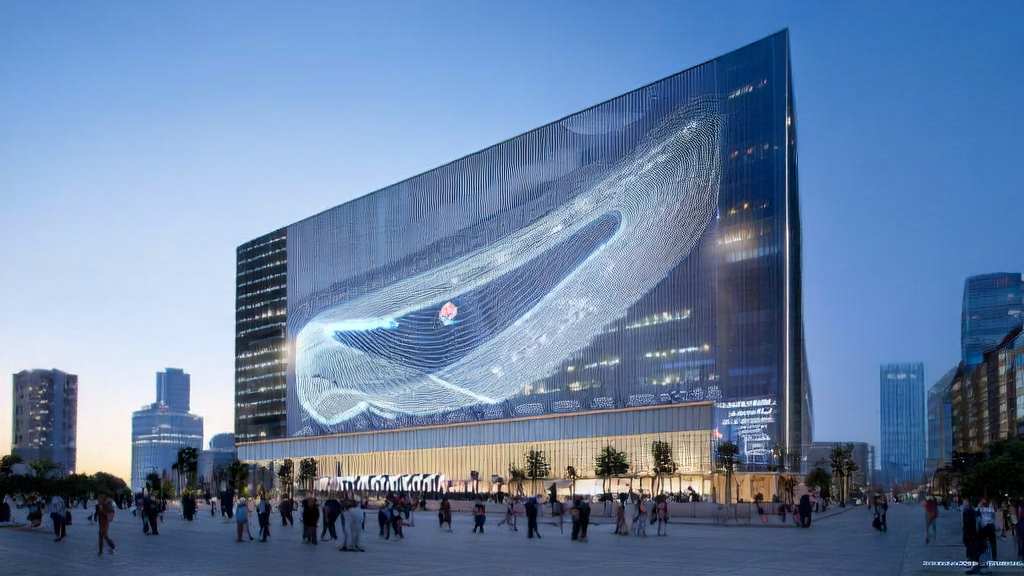 A futuristic city skyline featuring a modern office building displaying Kunlun's open-source software engineering AI model, Skywork-SWE-32B, symbolizing the impact of AI on marketing.